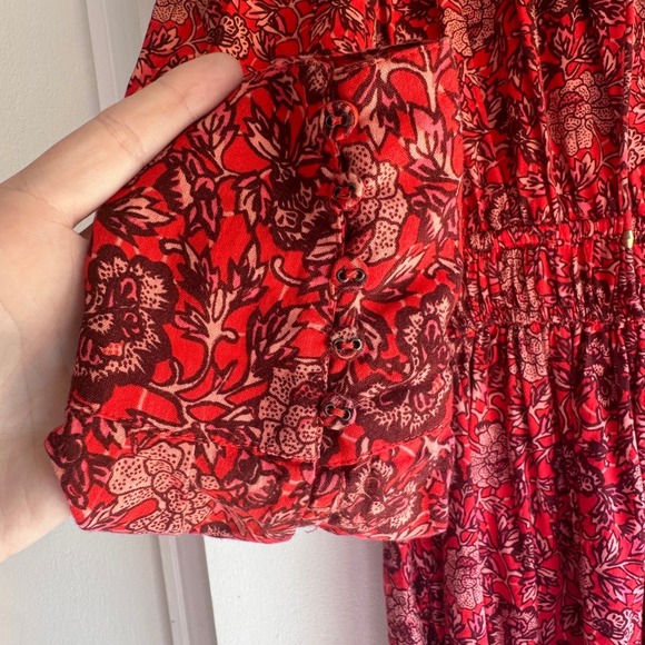 Ulla Johnson Red Floral Print Smocked Waist Tiered Ruffle Dress Size 2 - Picture 4 of 8